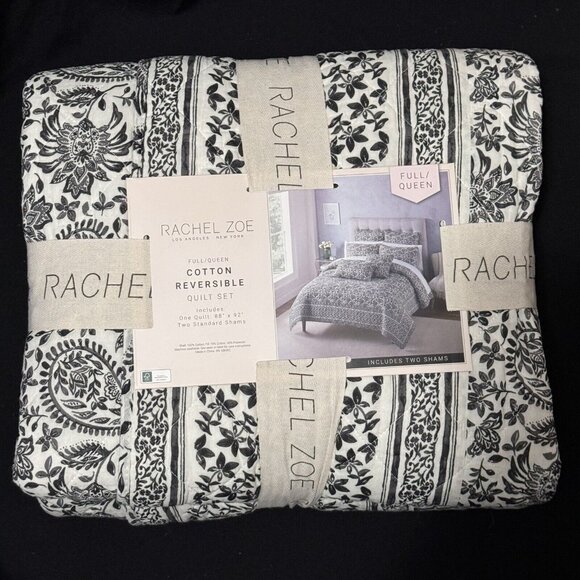 3pc Rachel Zoe Paisley Floral Boho FULL QUEEN Quilt Sham Set Ivory Charcoal Gray